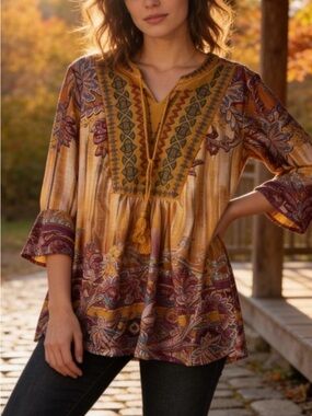 #549 Farmers Market Adorable Boho Mustard Paisley Tunic with Embroidered Yoke